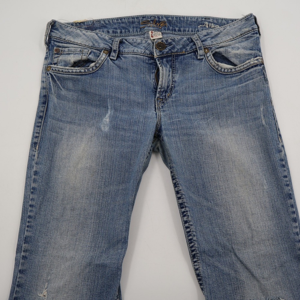 Silver Jeans Aiko Flare Jeans Womens 32 Blue Distressed Raw Hem Mid Rise